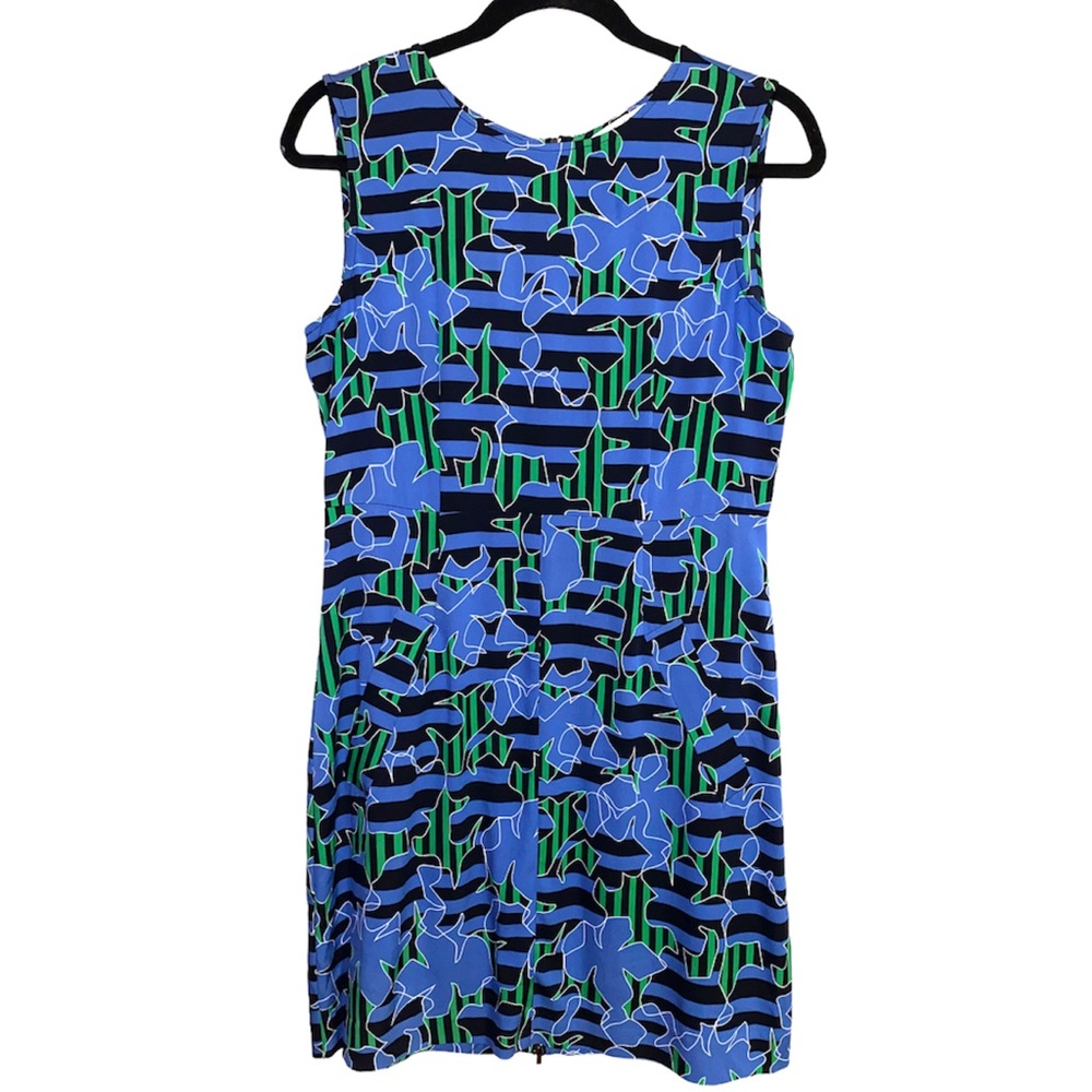 Diane Von Furstenberg silk dress, zips down back, blue/green, w pockets! size 8